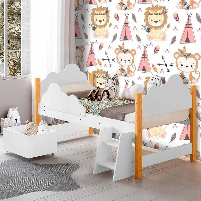 Cama Infantil Solteiro Nuvem Com Baú Branco Maia Divaloto