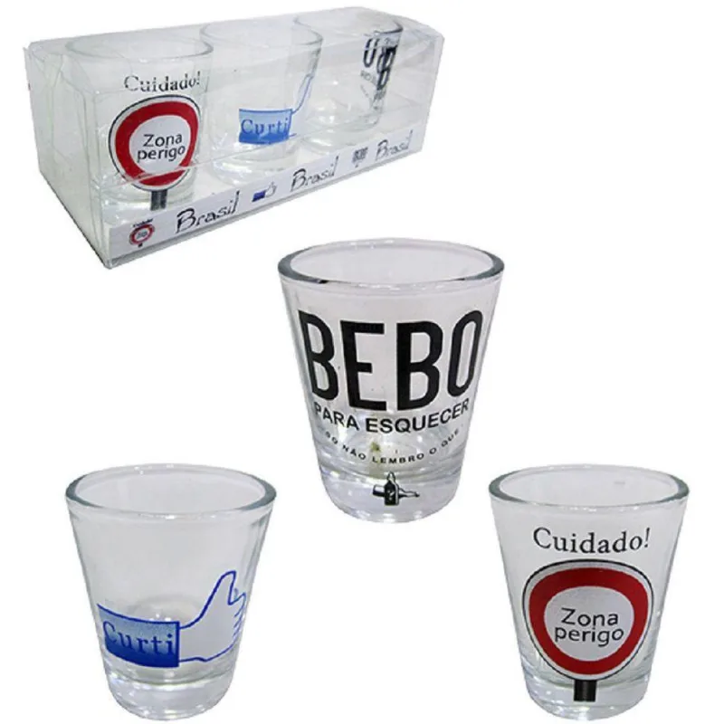 Jogo De Shot Copos De Vidro Dose Estampado 50ml Com 3 Peças