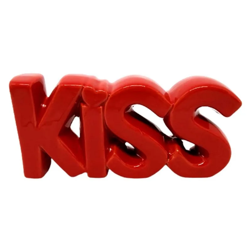 Palavra Kiss Decorativa 15x7cm em Porcelana Interponte-Vermelho