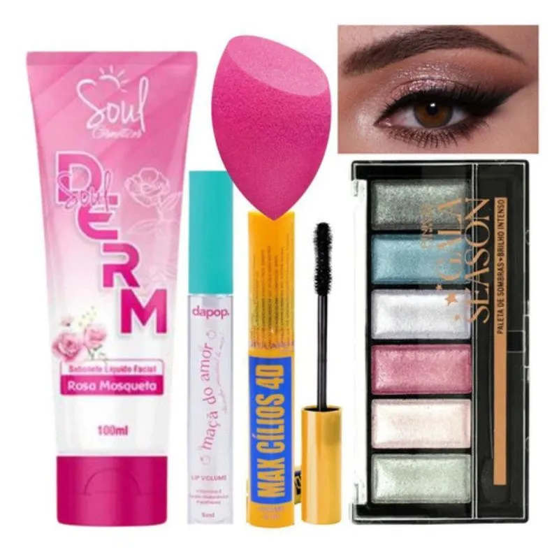 Kit De Maquiagem Esponja Gloss Batom Paleta De Sombra