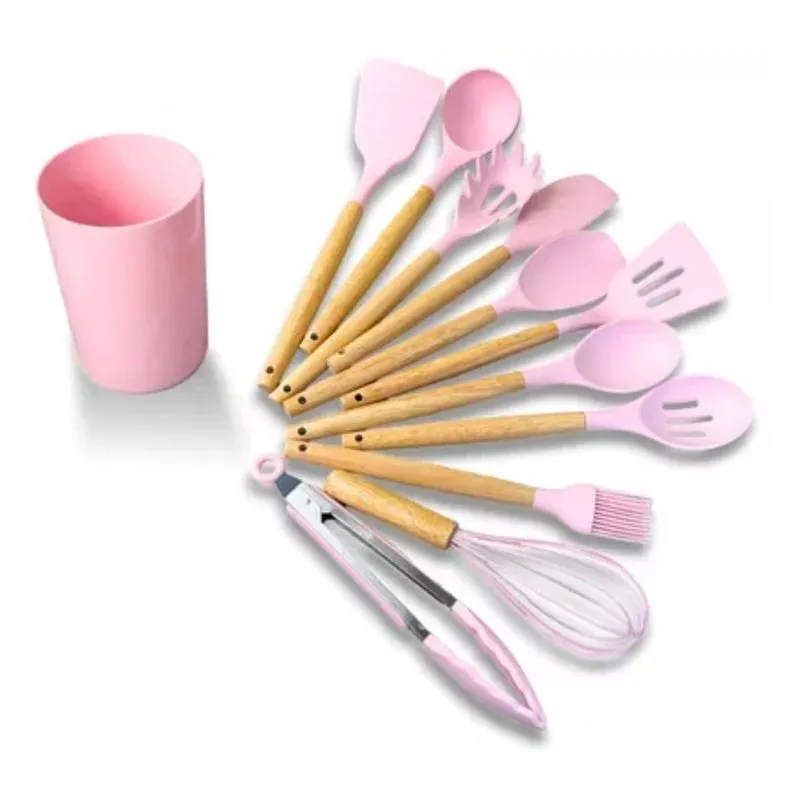 Kit C/12 Utensílios De Cozinha Silicone Cabo Madeira Rosa
