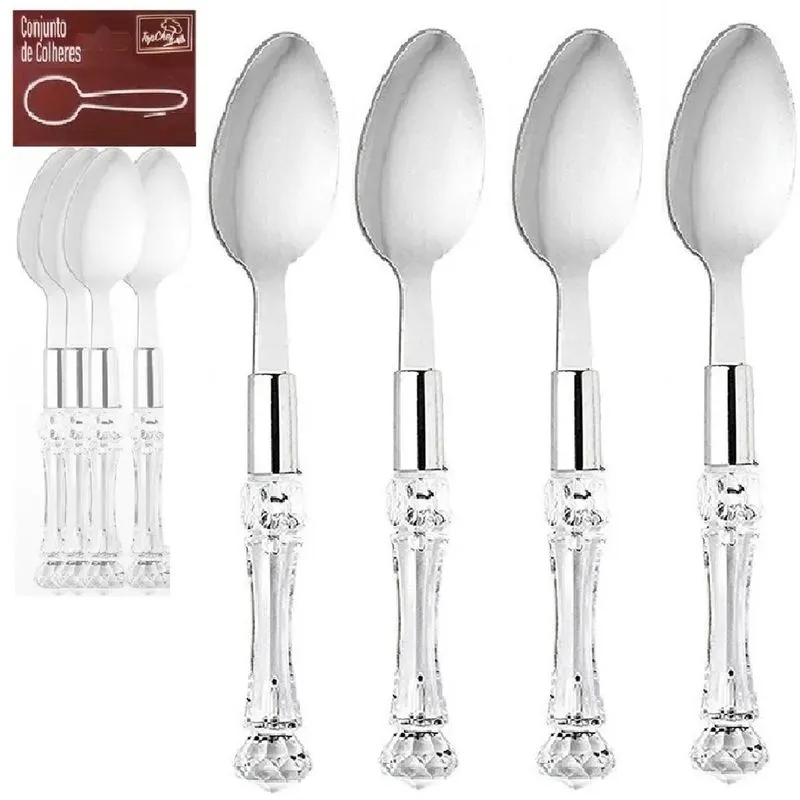 Kit 4 Colher Inox Cromado Talher Com Cabo Transparente