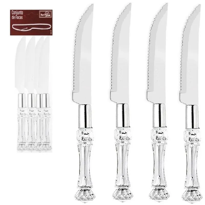 Kit 4 Facas Serra Inox Cromado Talher Com Cabo Transparente