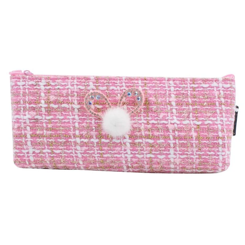 Estojo Xadrez C/ Pompom 22x9cm em Poliéster Interponte-Rosa