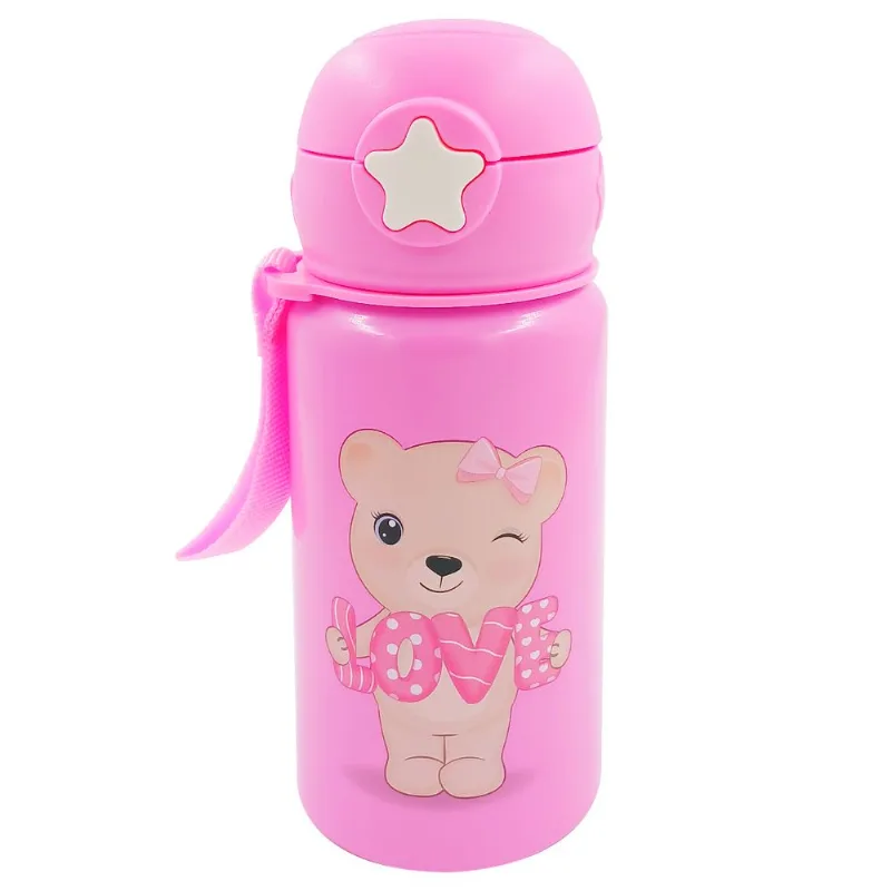 Garrafa Infantil C/ Alça + Canudo 500ml em Alumínio Interponte-Pink