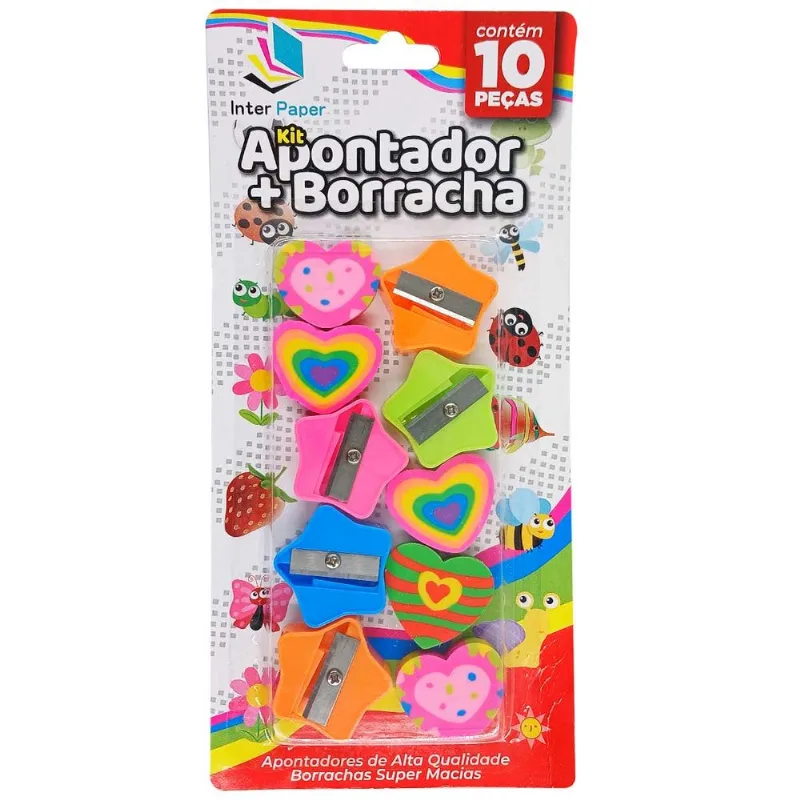 Kit Apontadores + Borrachas Divertidas 10 Peças em Plástico Interponte-Modelo 1 Coração