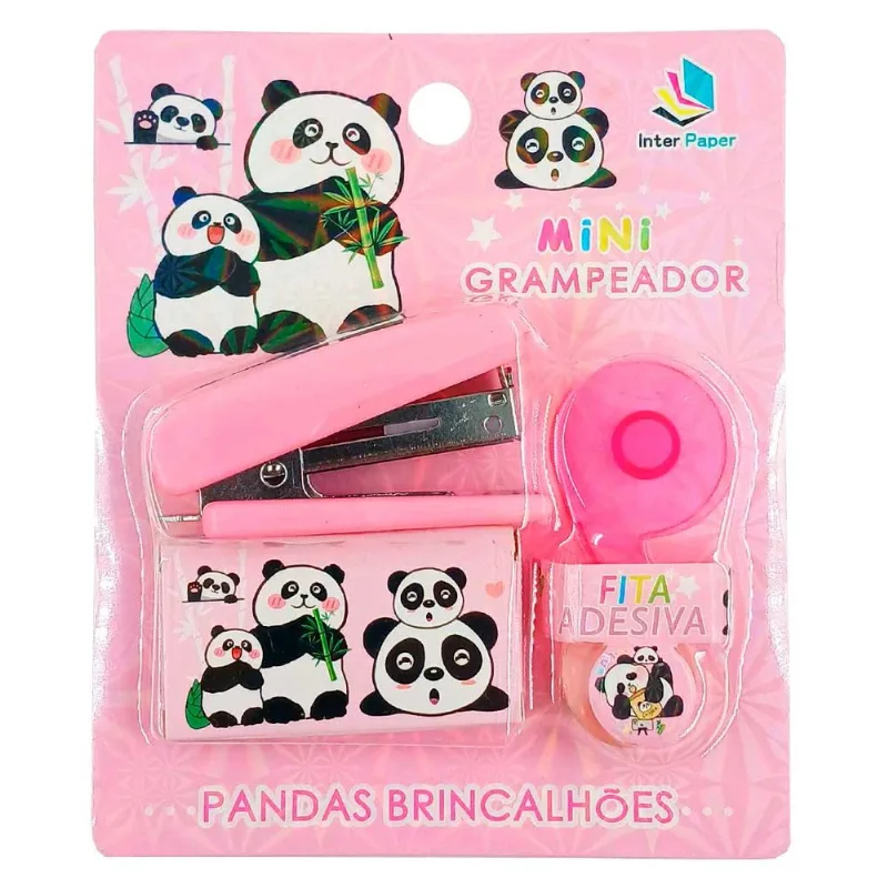 Kit Escolar Bichinhos 4 Peças em Plástico Interponte-Rosa Panda