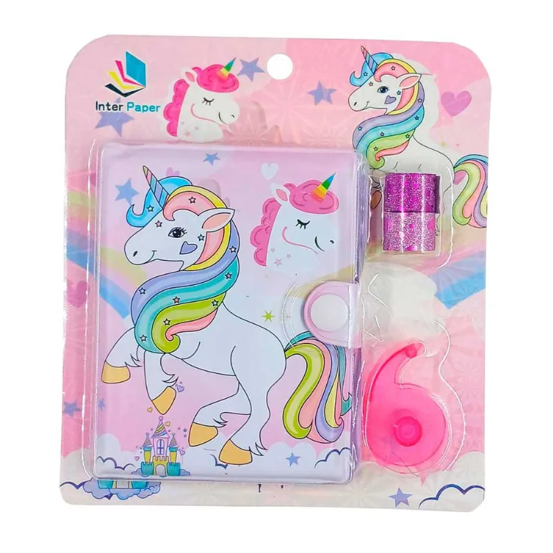 Kit Escolar Bichinhos 4 Peças 10,3x7,8cm em Plástico Interponte-Rosa Unicórnio