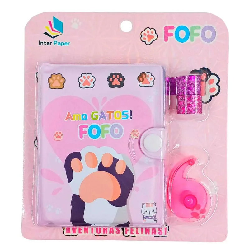 Kit Escolar Gatos 4 Peças 10,3x7,8cm em Plástico Interponte-Rosa Claro