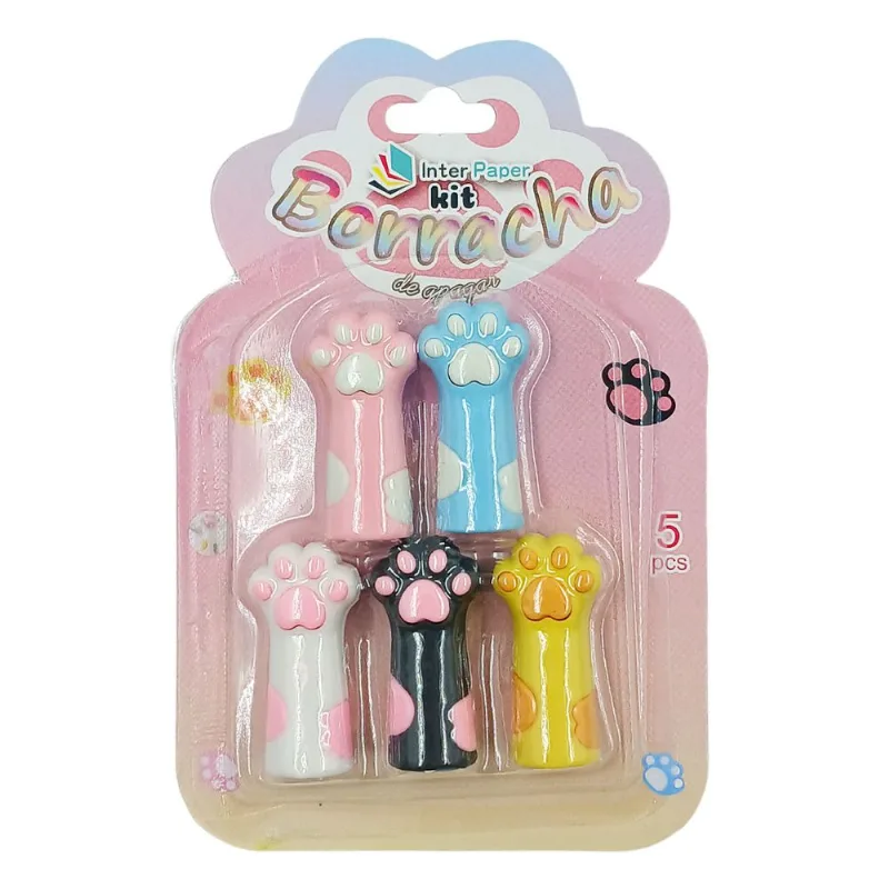 Kit 5 Borrachas Escolar Divertidas De Patinhas De Gatinho Interponte