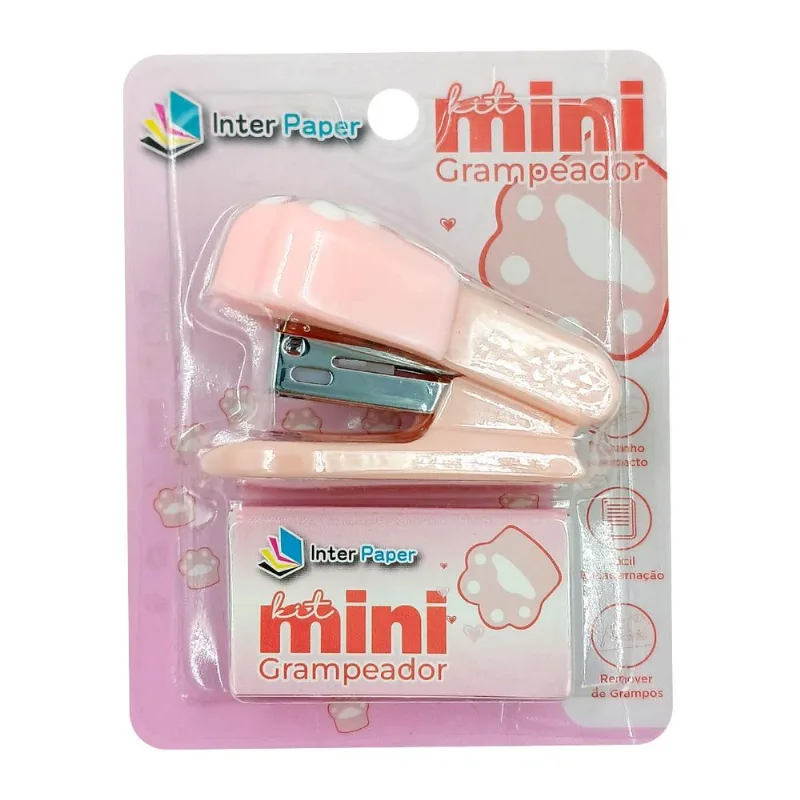Kit Mini Grampeador Patinha 6,5x3,7cm em Metal Interponte-Rosa