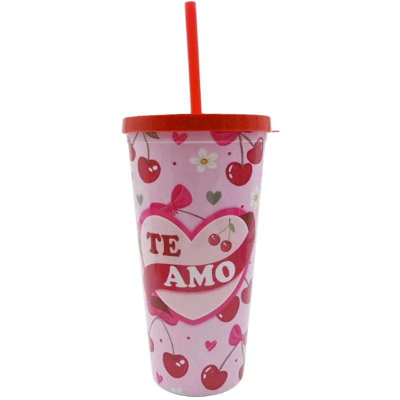 Copo Te Amo C/Canudo 600ml em Plástico Interponte-Modelo 1