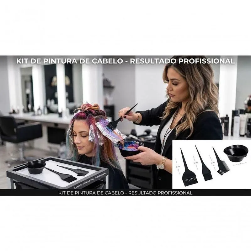 Kit Pintura Para Cabelo 4 Peças Com 2 Pincéis E 1 Pente 2 Em 1 E 1 Pote Para Mistura