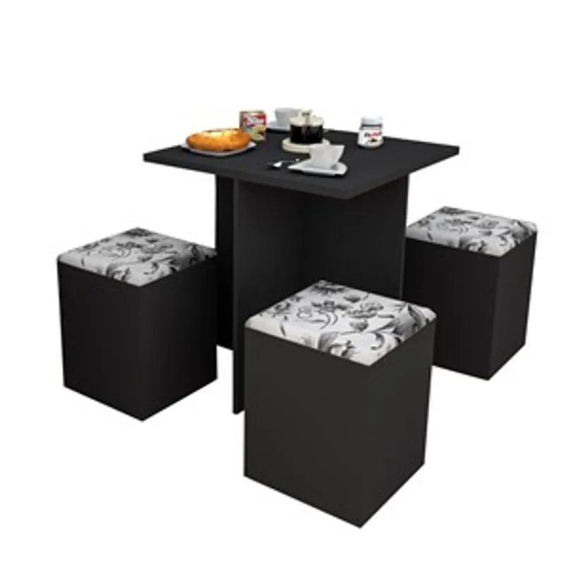 Conjutno p/ Sala de Jantar c/ Mesa e 4 Banquetas Preto e Damasco