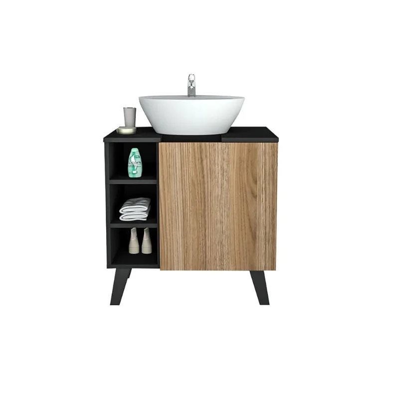 Balcão Gabinete para Banheiro 1 Porta 3 Nichos 60 cm Slim Appunto Preto e Castanho