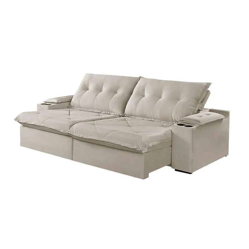Sofá 3 Lugares Retrátil Martins M-163 Com Acessórios Veludo Creme