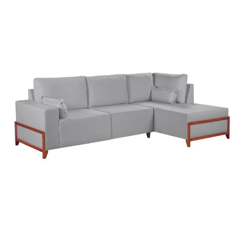 Sofá De Canto 4 Lugares Living Fixo Com Chaise Molas Bonnel Linho Cinza