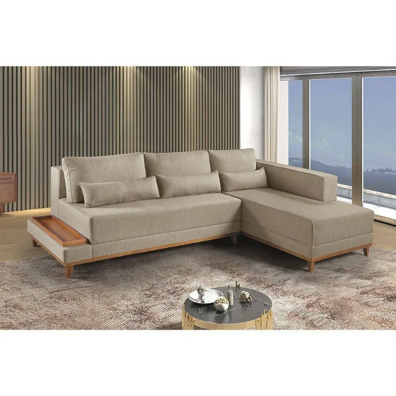 Sofá De Canto 4 Lugares Com Chaise M-174 Estofados Martins Linho Bege Mesclado