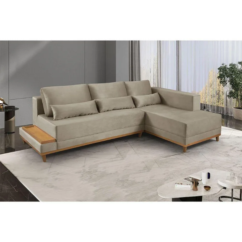 Sofá De Canto 4 Lugares Com Chaise M-174 Estofados Martins Veludo Bege