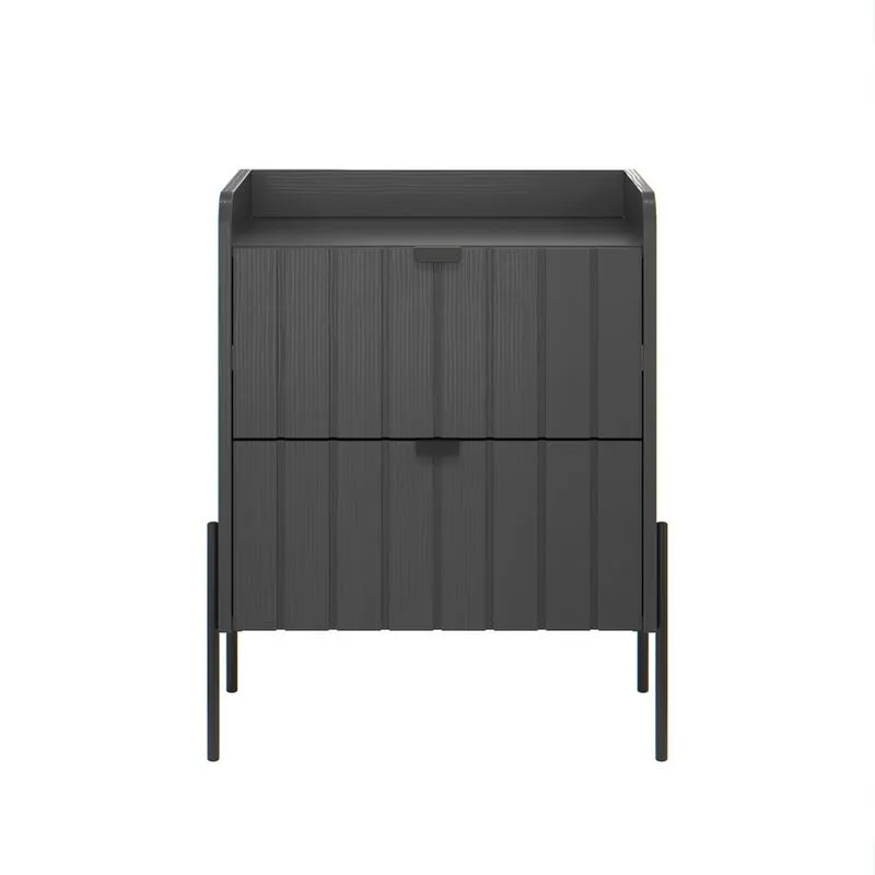 Mesa de Cabeceira Moderna Gavetas Madeira mdf Moriah 45cm grafite pés e puxadores industrial preto