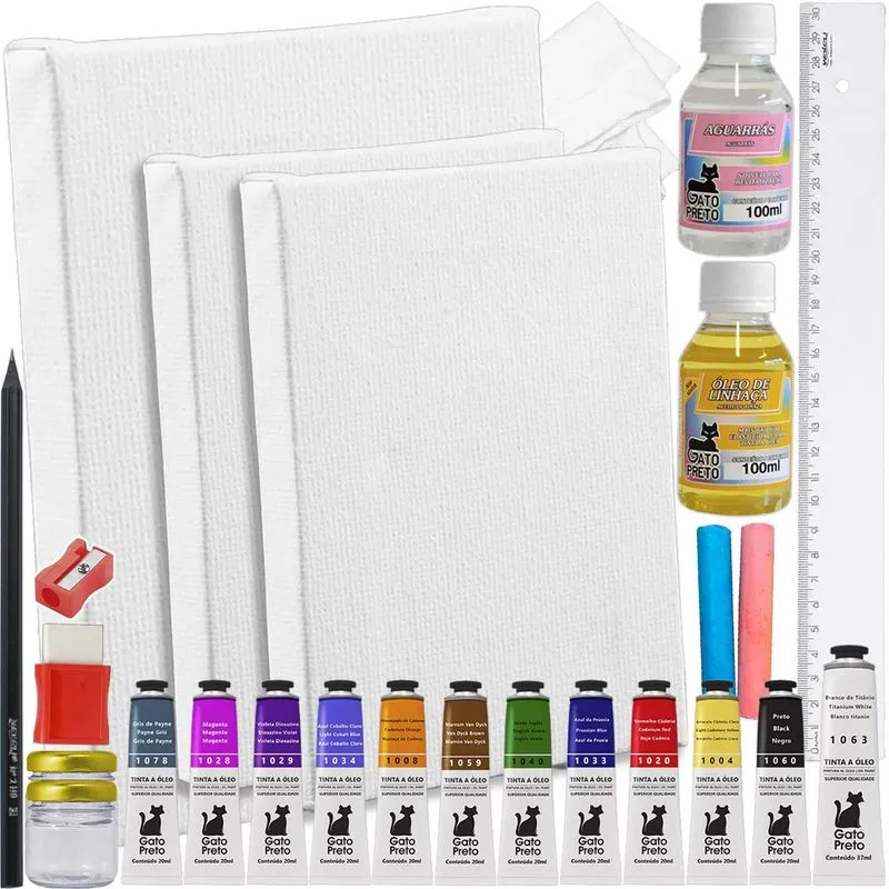 Mini Kit Pintura Óleo Refil + 3 Telas + 12 Tintas