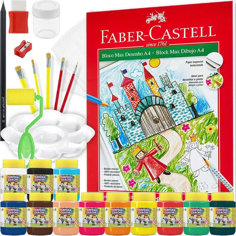 Kit Pintura Para Criança 12 Tintas Guache + Pinceis E Muito+