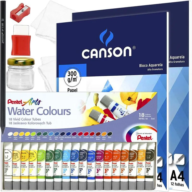 Kit Pintura Aquarela Refil 2 Blocos Papel Aquarela 18 Tintas