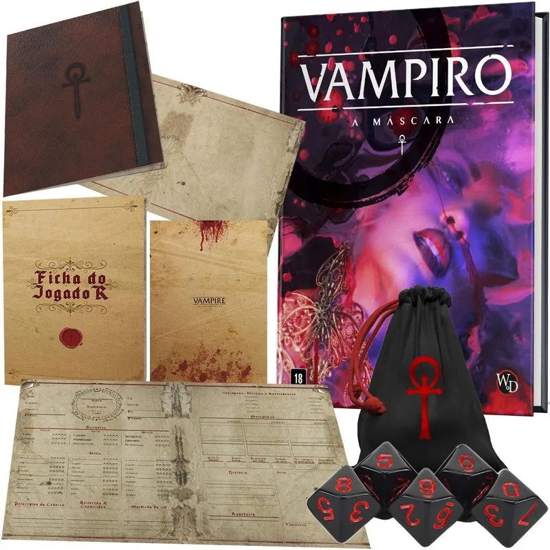Kit Vampiro A Máscara Com Livro + Dados D10 Acessórios E Mt+