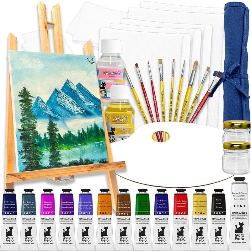Super Kit Pintura Telas + Cavalete + Estojo Tinta Óleo