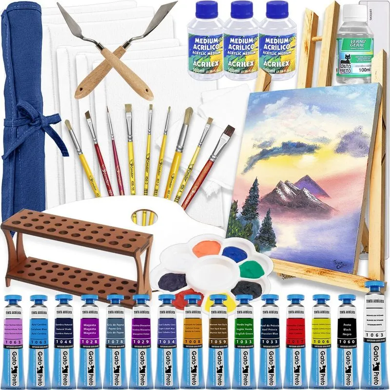 Mega Kit Pintura Telas + Cavalete + Estojo - Tinta Acrílica