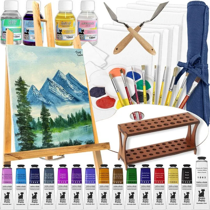 Mega Kit Pintura Telas + Cavalete + Estojo - Tinta Óleo