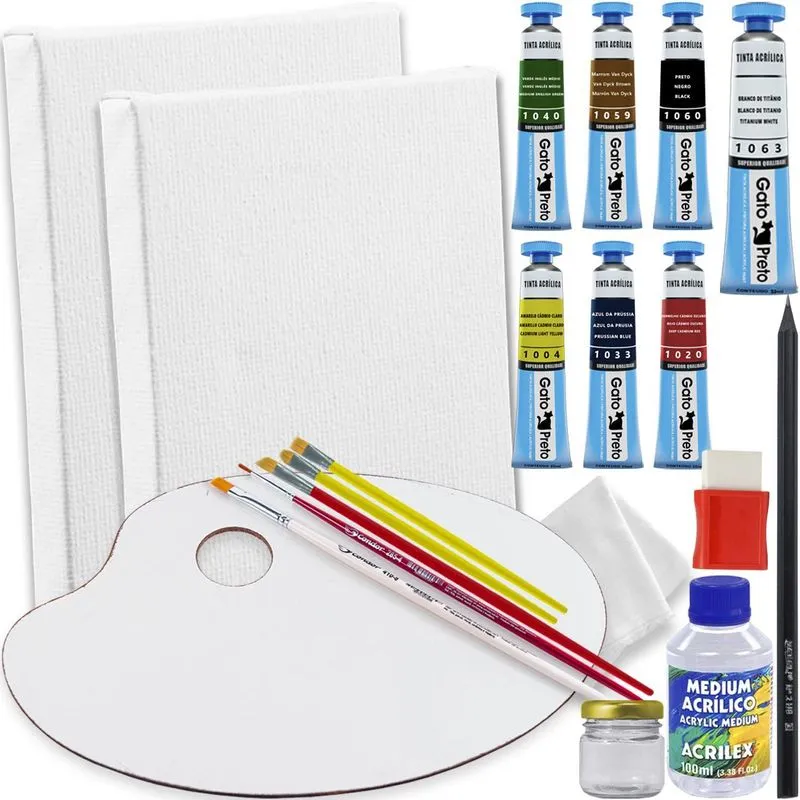 Mini Kit Pintura Acrílica Com Tela + Pinceis - Tinta Acrílico