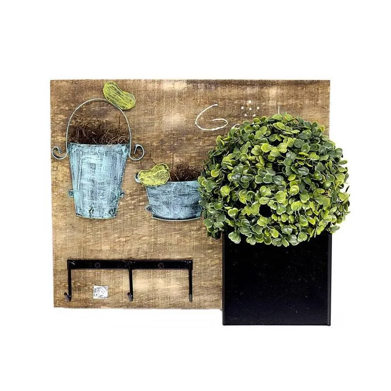 Quadro Madeira Cabideiro Rústico Vasos + Bola De Buchinho