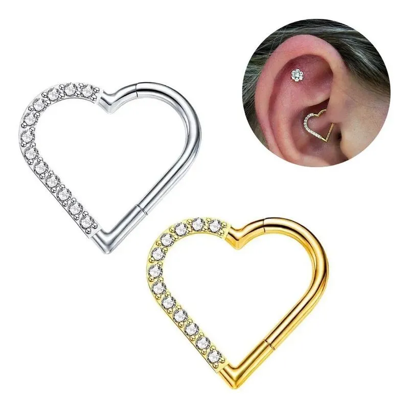 Piercing Titânio Coração Daith Helix Click Cravejada 8 10mm