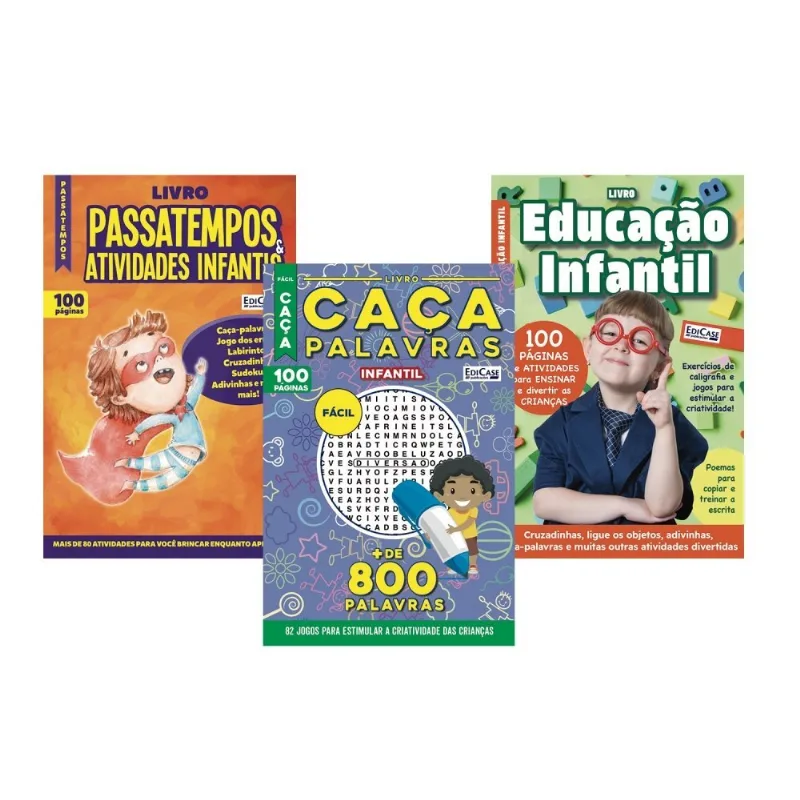 Kit 3 Livros Infantis Ed.3 -caça-palavras, Passatempos E Atividades E Aprenda Brincando