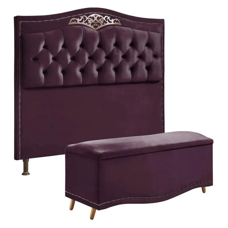 Conjunto Cabeceira E Calçadeira Holanda 90cm Veludo Star Confort Roxo