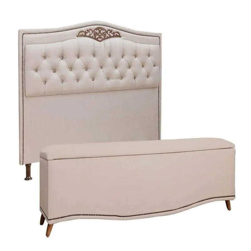 Conjunto Cabeceira E Calçadeira Holanda 90cm Linho Star Confort Capuccino
