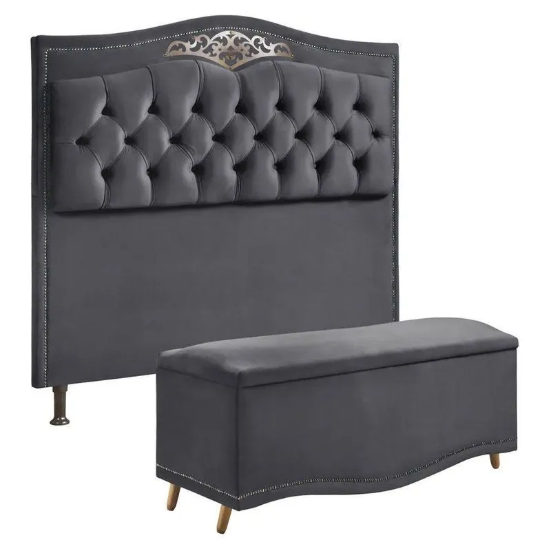 Conjunto Cabeceira E Calçadeira Holanda 1,60 Cm Veludo Speciale Home Cinza Chumbo