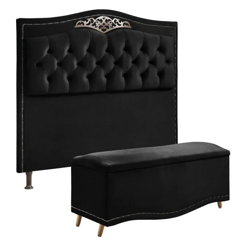 Conjunto Cabeceira/calçadeira Holanda 1,95 Cm Veludo Preto - Star Confort