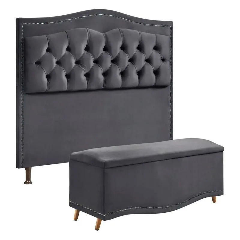 Conjunto Cabeceira E Calçadeira Holanda 90cm Veludo 2.0 Speciale Home Cinza Chumbo