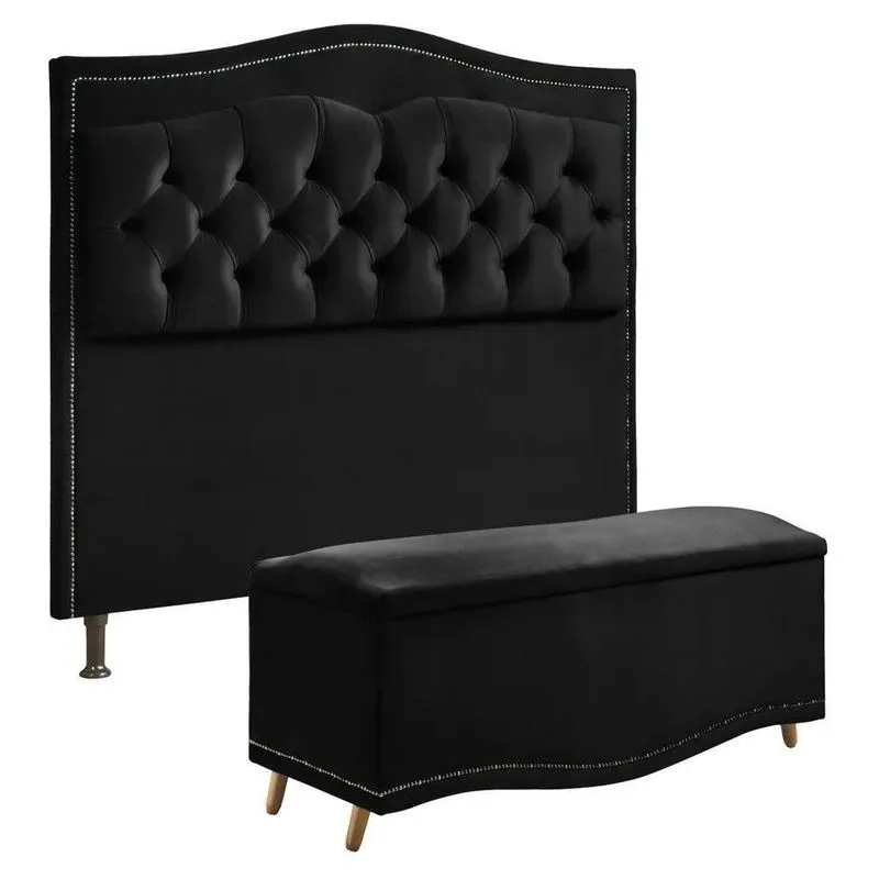 Conjunto Cabeceira E Calçadeira Holanda 1,95 Cm Veludo 2.0 Speciale Home Preto