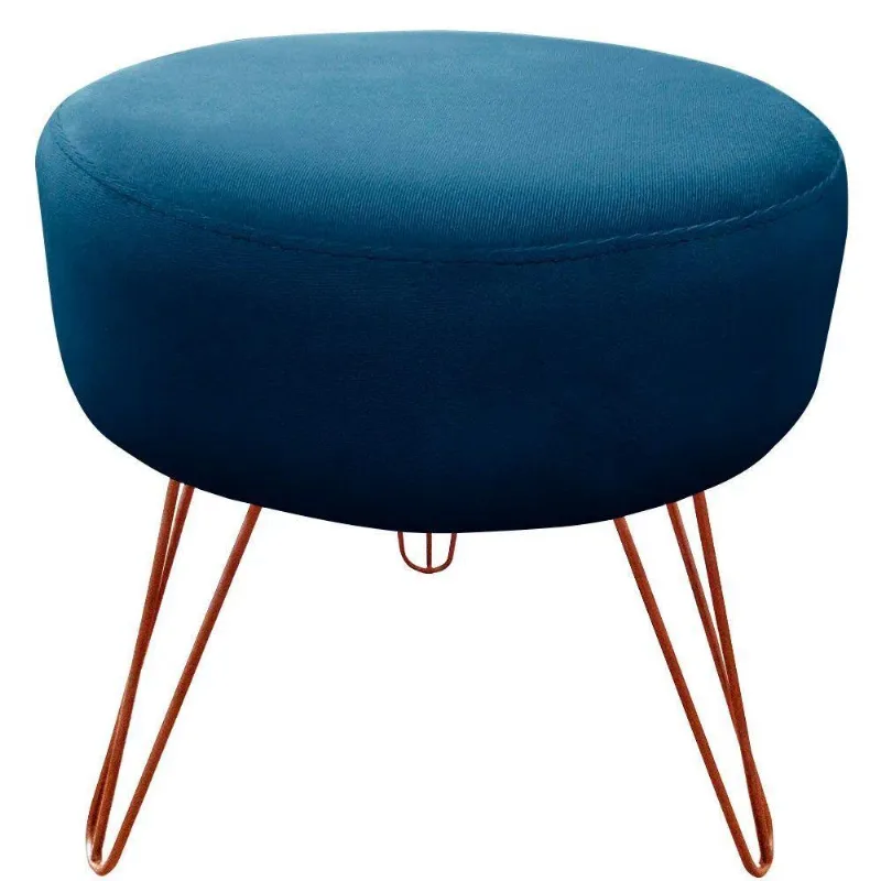 Puff Decorativos Sala Quarto Tunísia Veludo Azul Base Bronze - Star Confort Azul E Bronze