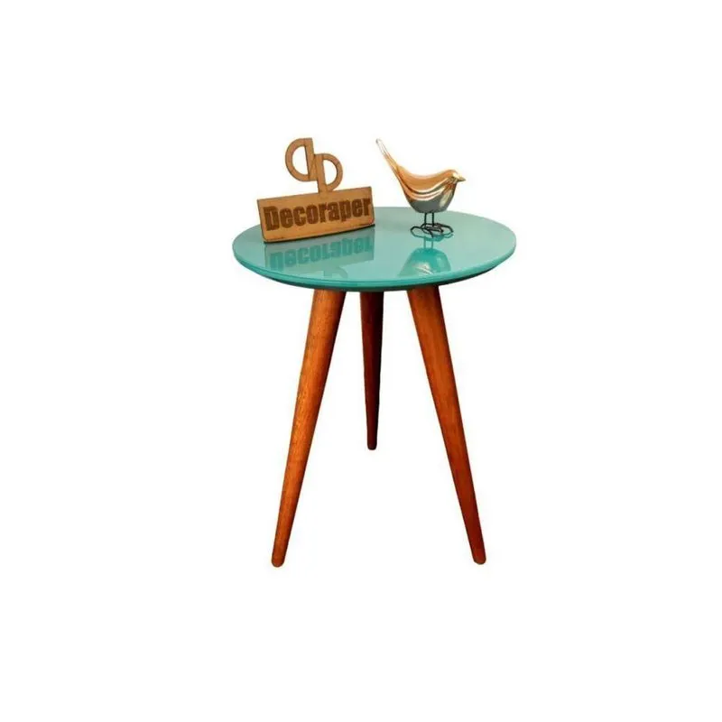 Mesa Lateral Laqueada Vidro Tripé Imbuia Tampo Azul Tiffany