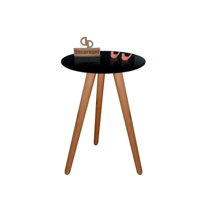 Mesa De Canto Tripé Com Vidro 35Cm Preta 60Cm