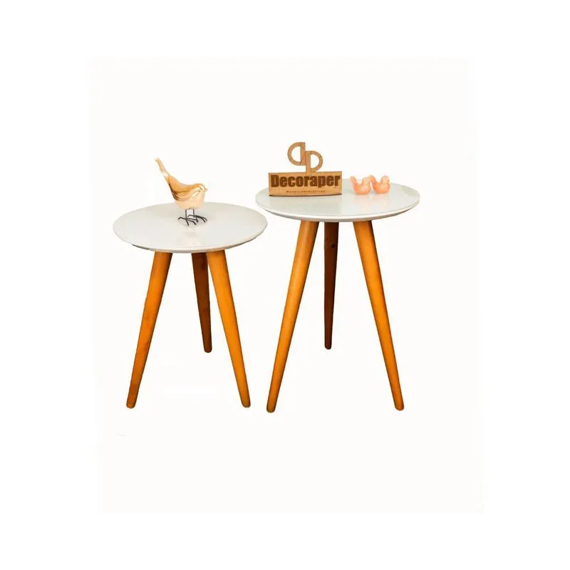 Kit Mesa De Canto Tripé Tampo Vidro 35cm - Off White Imbuia