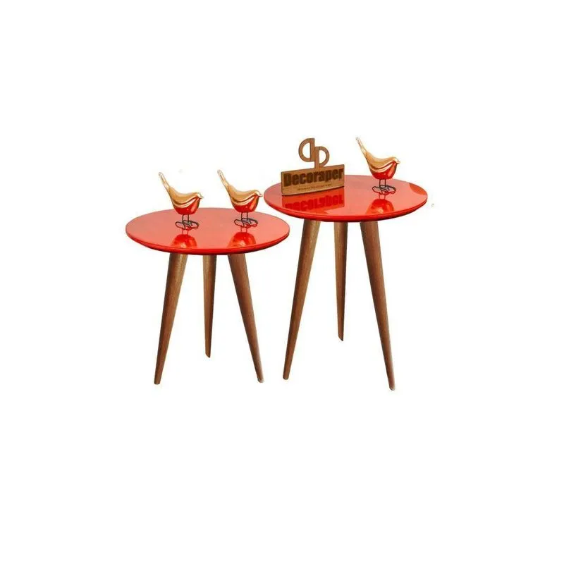 Kit Mesa De Canto Tripé Com Vidro 45cm - Vermelha - Imbuia