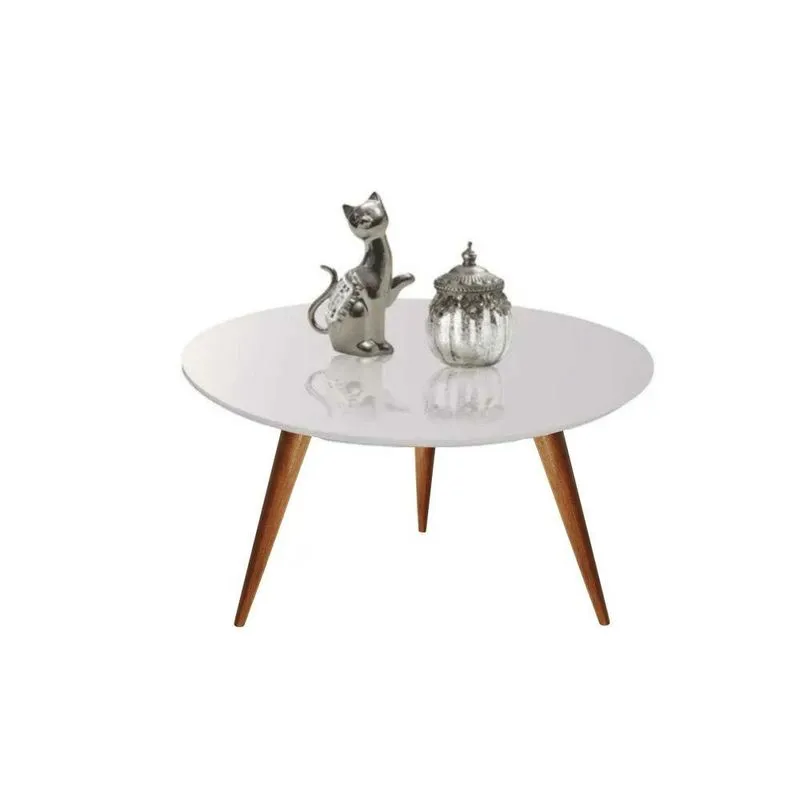 Mesa De Centro Redonda Laqueada Com Vidro Colado Pé Palito 60cm Off White