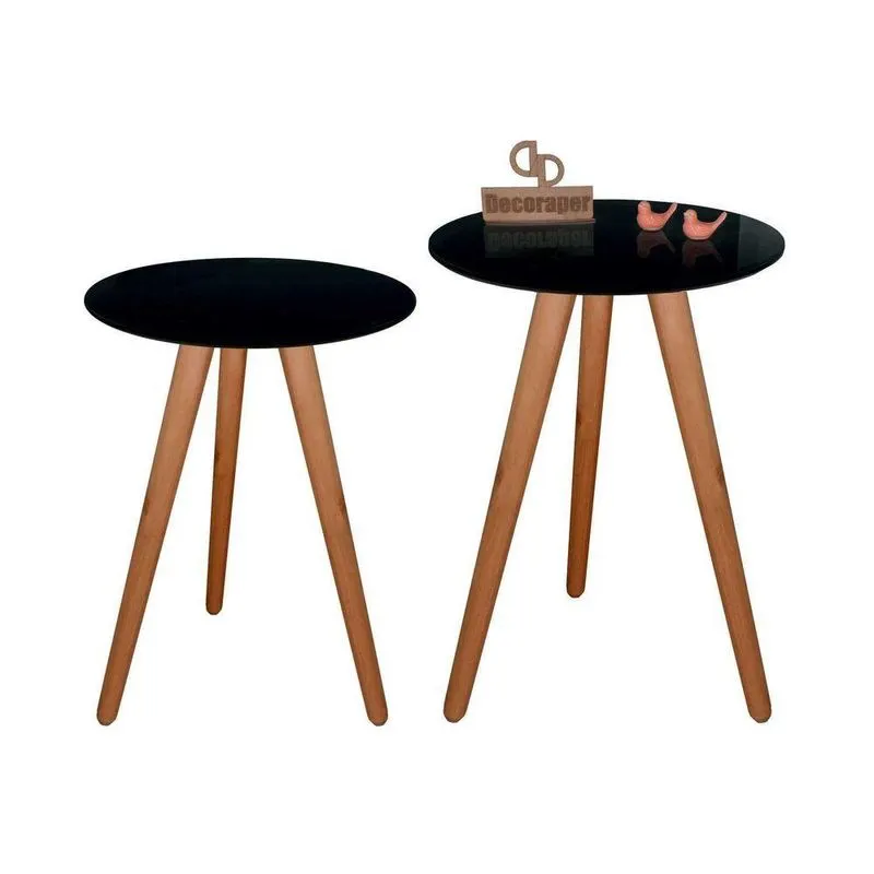 Kit Mesa De Canto Tripé Com Vidro 50cm Preta