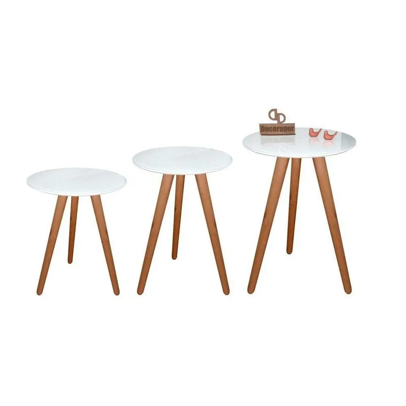 Kit 3 Mesas De Canto Tripé Com Vidro 35cm Branca