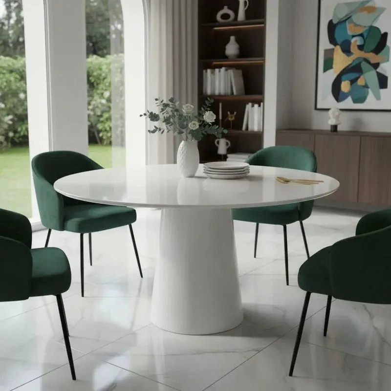 Mesa De Jantar Cozinha Estilosa 6 Lugares Redonda MDF Tampo Vidro Branco Decoraper